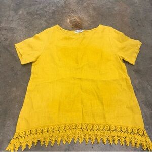 Terzo Millennio 100%Linen Crochet Lace Hem Blouse Lagenlook Top Italy Mustard S